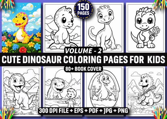 150 Cute Dinosaur Coloring Pages - KDP