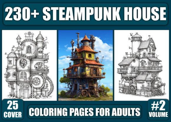 230 Steampunk House Coloring Pages- KDP