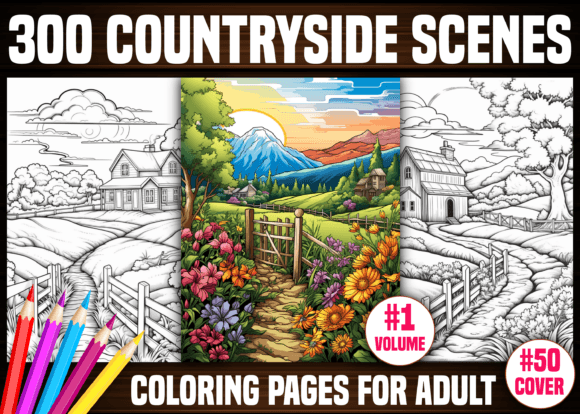 300 Country Scenes Coloring Pages - KDP