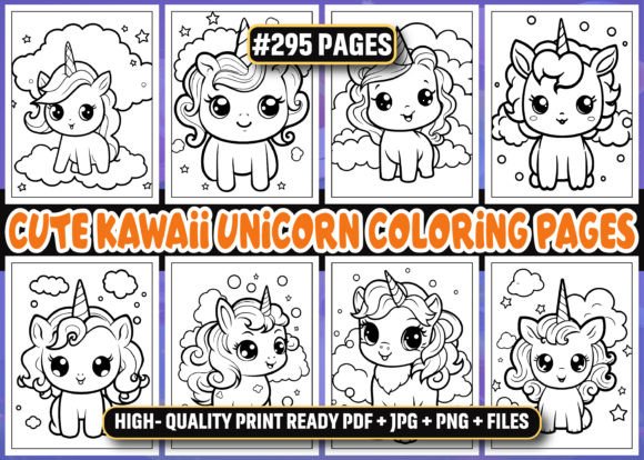 Cute Kawaii Unicorn Coloring Pages KDP